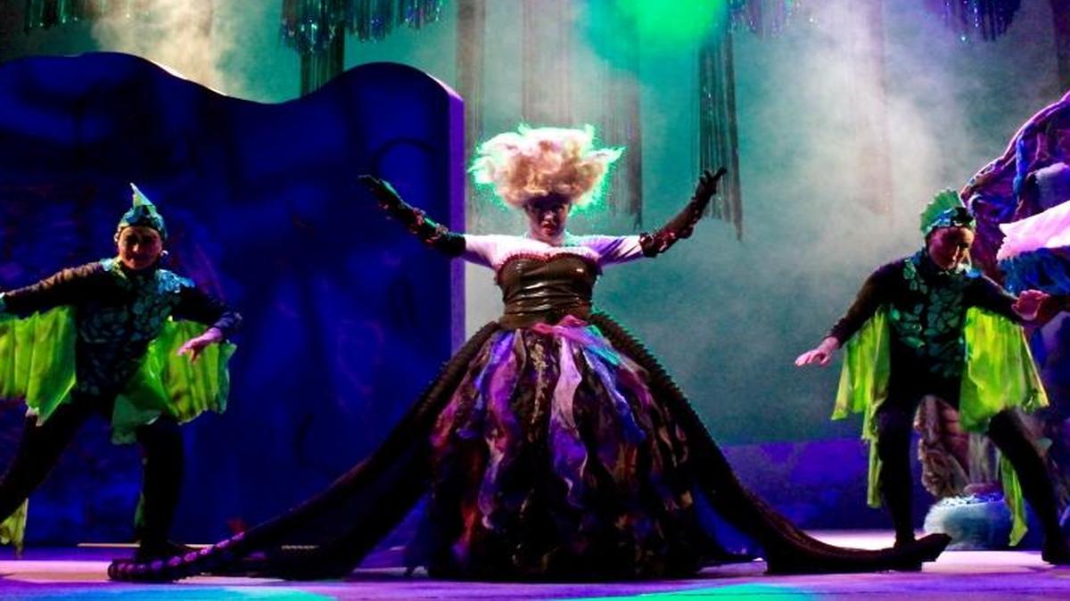 Abby Halpern, center, plays Ursula in “The Little Mermaid.” The sea witch’s pet eels, Flotsam and Jetsam, are played by Roni Williams and Aly Doxey, respectively.