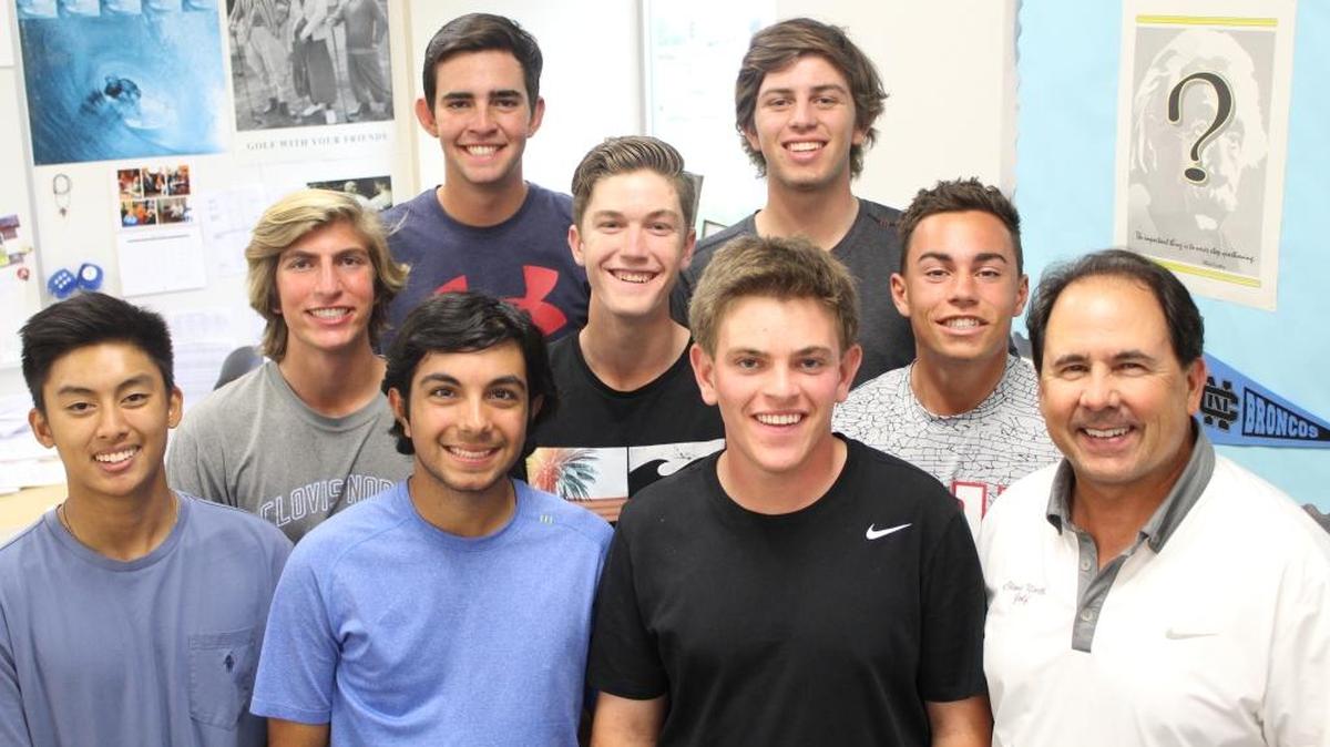 Members of the TRAC champion Clovis North golf team are front row, left to right, Justin Lagera, Alexander Asmar, Bryce Loosigian and Coach Ron Ramos; middle row, left to right, Tyler Paboojian, Blake Hathcoat and Anthony Georgouses; and back row, left to right, Peter Faragia and Kyle Stewart.