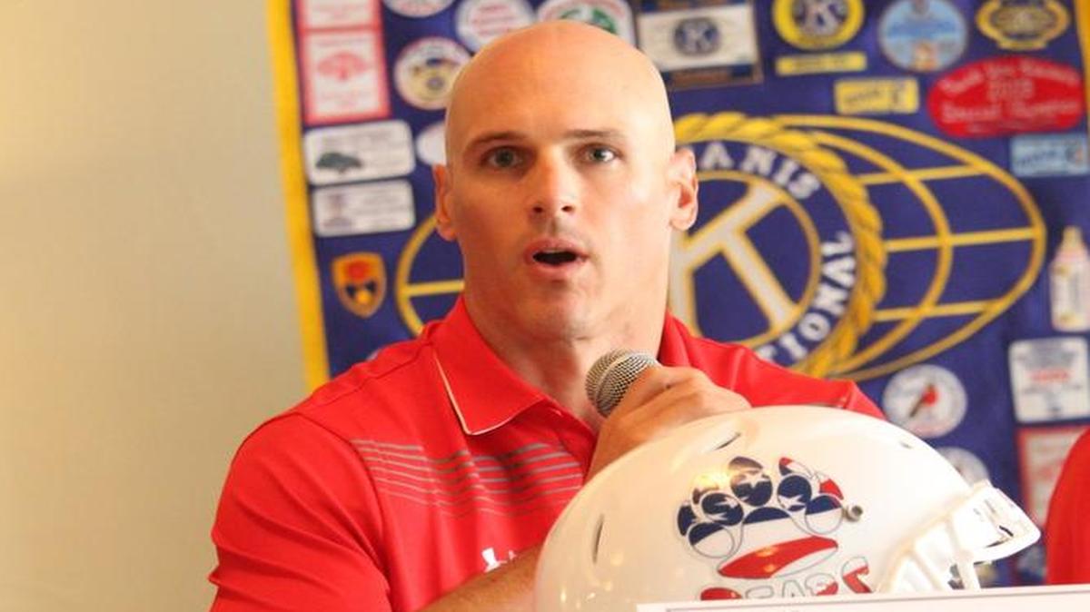 Coach Matt Giordano of Buchanan High School speaks at the Tri-River Athletic Conference Media Day.