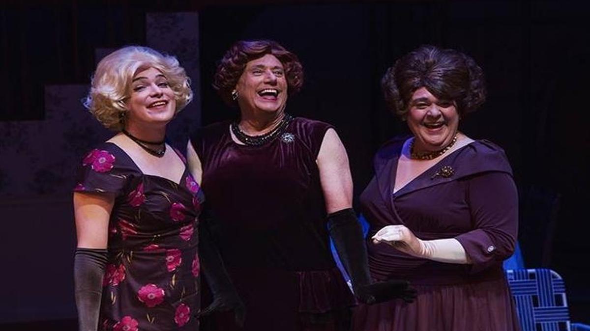 Randy Kohlruss, left, dresses as Gloria in “Casa Valentina.” He is pictured with Richard Lee Ruth (center) and Joel Abels.
