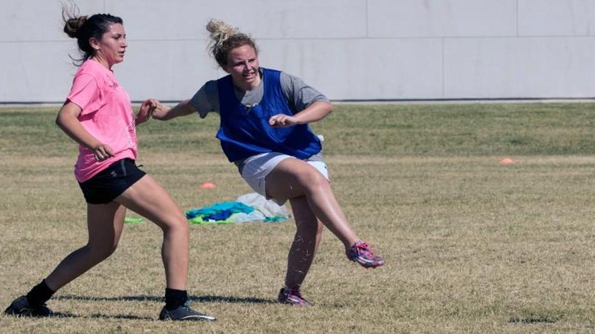 Cheyenne Martin, left, and Brooke Nebels practice for the upcoming Clovis Crush soccer season.
