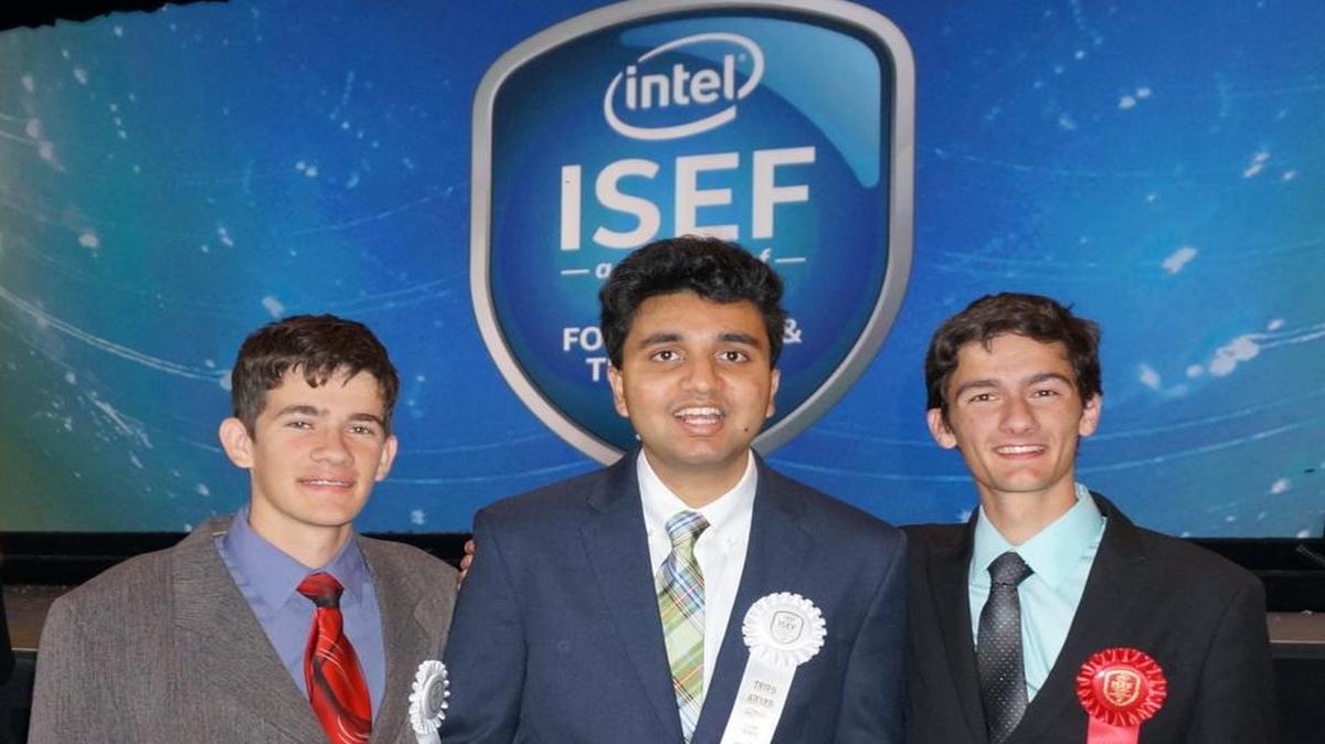 From left are Robbie Tacescu, Anchit Narain and Alex Tacescu at the 2016 Intel International Science and Engineering Fair in May.