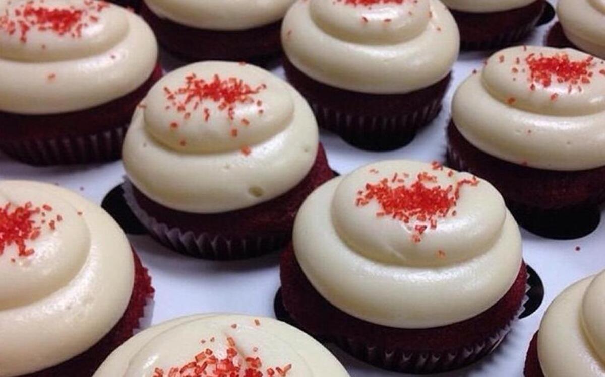 Red velvet cupcakes with cream cheese frosting.