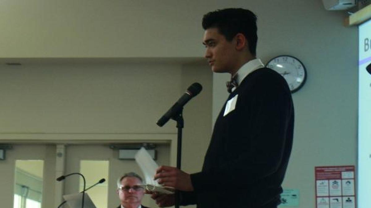 Christopher Lee of Civil Disobedience presents his business plan to the investors panel.