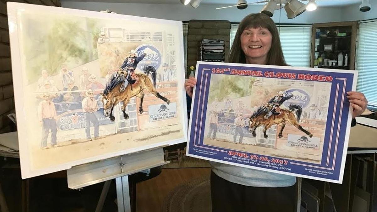Claudia Fletcher holds a fresh-off-the-press Clovis Rodeo poster next to her original watercolor painting.