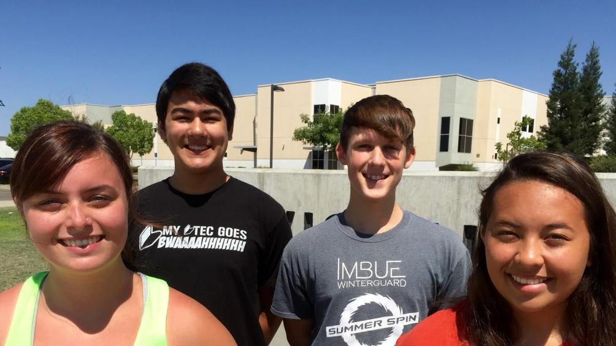 
Student leaders of the Clovis North band stand at the front of the school. Front row, from left, are assistant drum majors Michelle Sanders and Ashley Christensen. Back row, from left, are drum major Nick Moyer and color guard co-captain Chris Upchurch.
