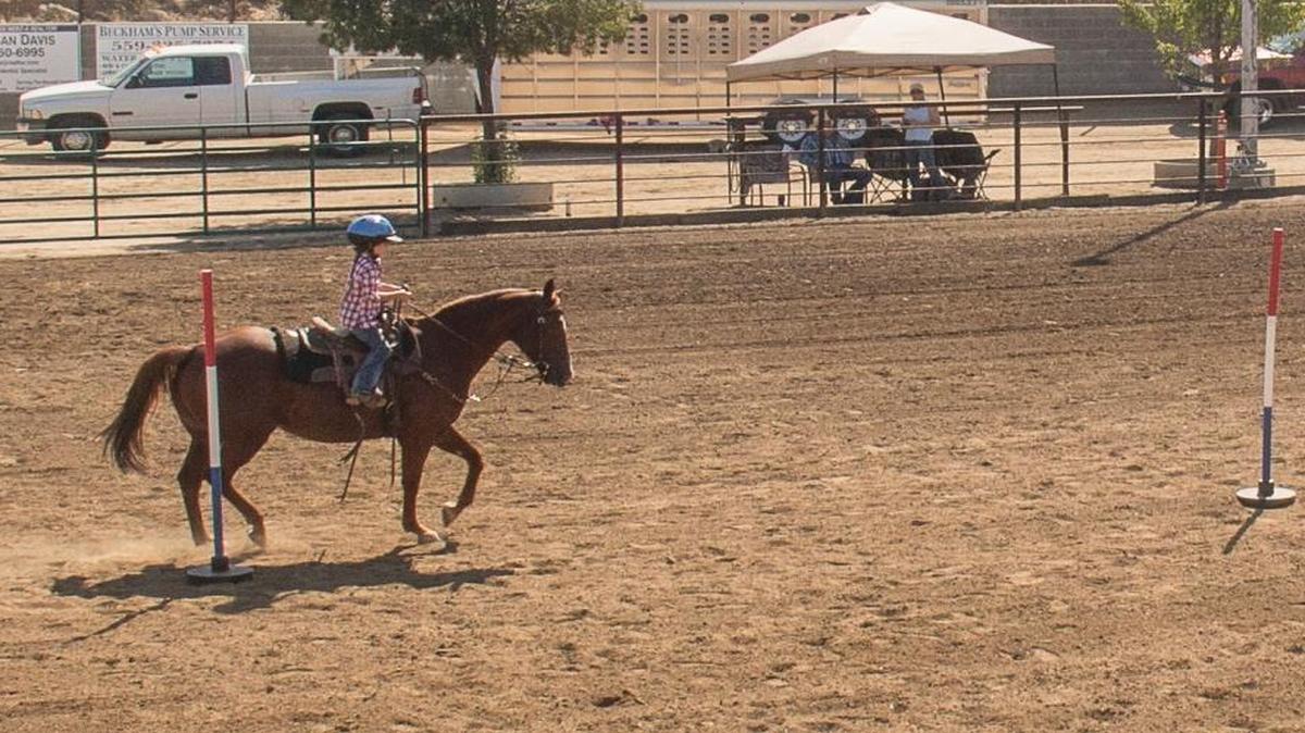 
Seven-year-old Ayden Deaton and her horse Little Girl negotiate a pole course at the final Rusty Spur Arena event of the summer. 
