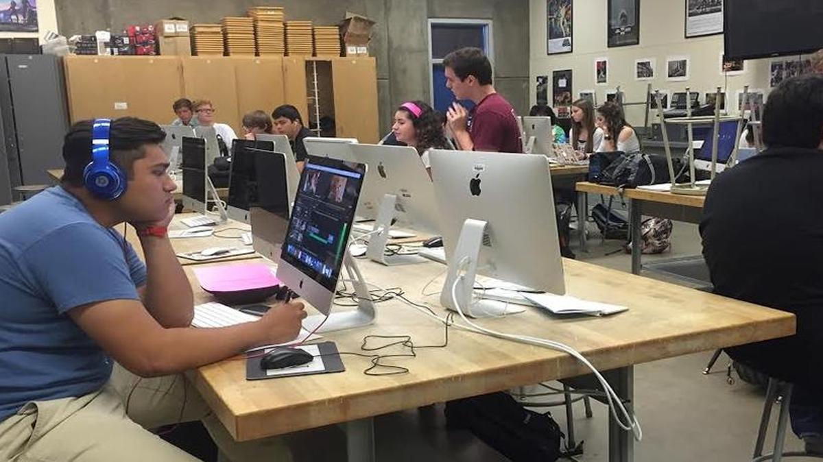 Students at work on various projects in Buchanan teacher Daniel Pearce’s videography class.
