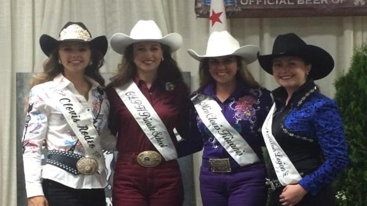 Clovis Rodeo Queen 2016 contestants stand with Clovis Rodeo Queen 2015 Alicia Aluisi after the Clovis Rodeo Queen Banquet on April 16. From left are Aluisi, Ellery Vincent, Katie McDougald and Taylor Brum.