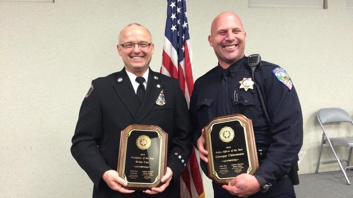 Clovis Firefighter of the Year Brian Cox and Clovis Police Officer of the Year Giuseppe Chiaramonte were honored at an American Legion Post 147 dinner March 9 in Clovis Veterans Memorial District.
