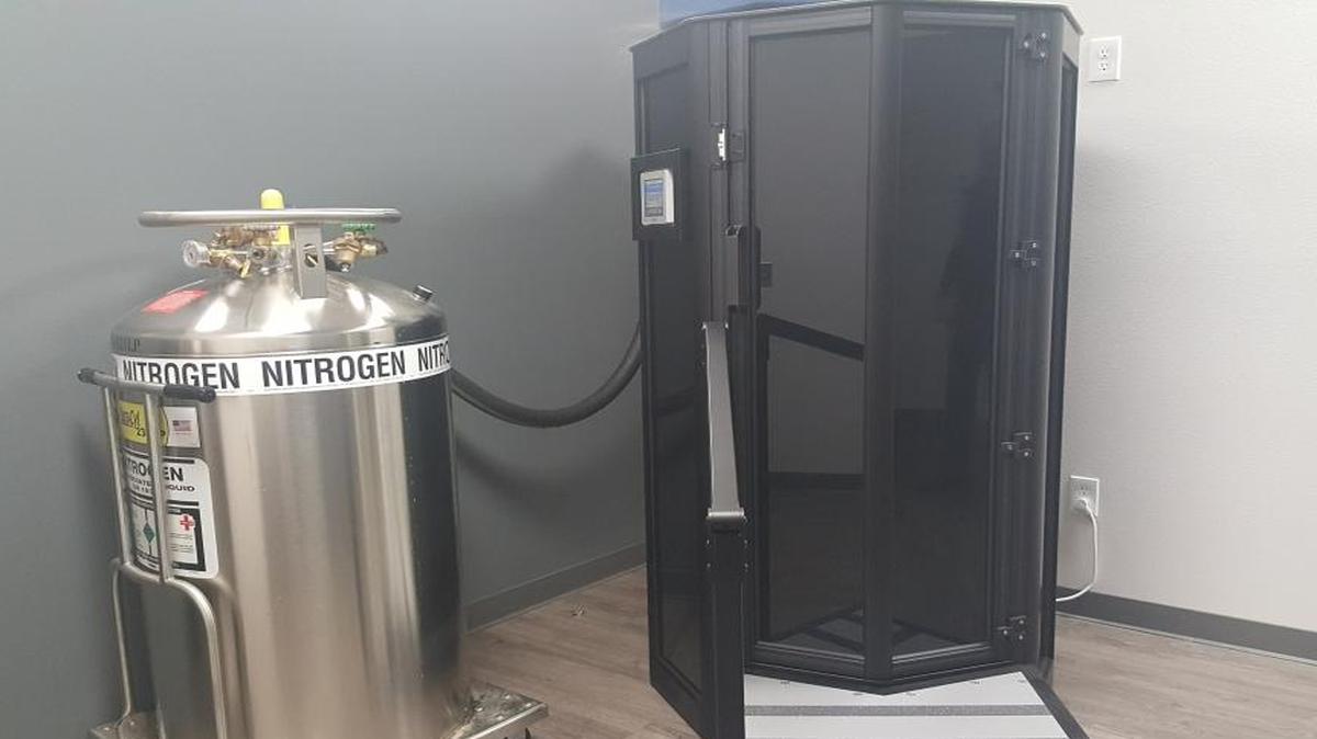 The octagonal cryosauna inside Valley CryoSport is hooked up to a tank of nitrogen, which cools the air inside the chamber to -130 to -190 degrees Fahrenheit.