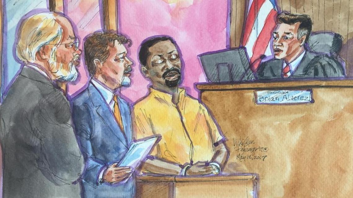 In a rendering composed in a Fresno County courtroom, Kori Ali Muhammad is seen with his eyes closed as if he was in a trance during a brief appearance Friday, May 12, 2017.