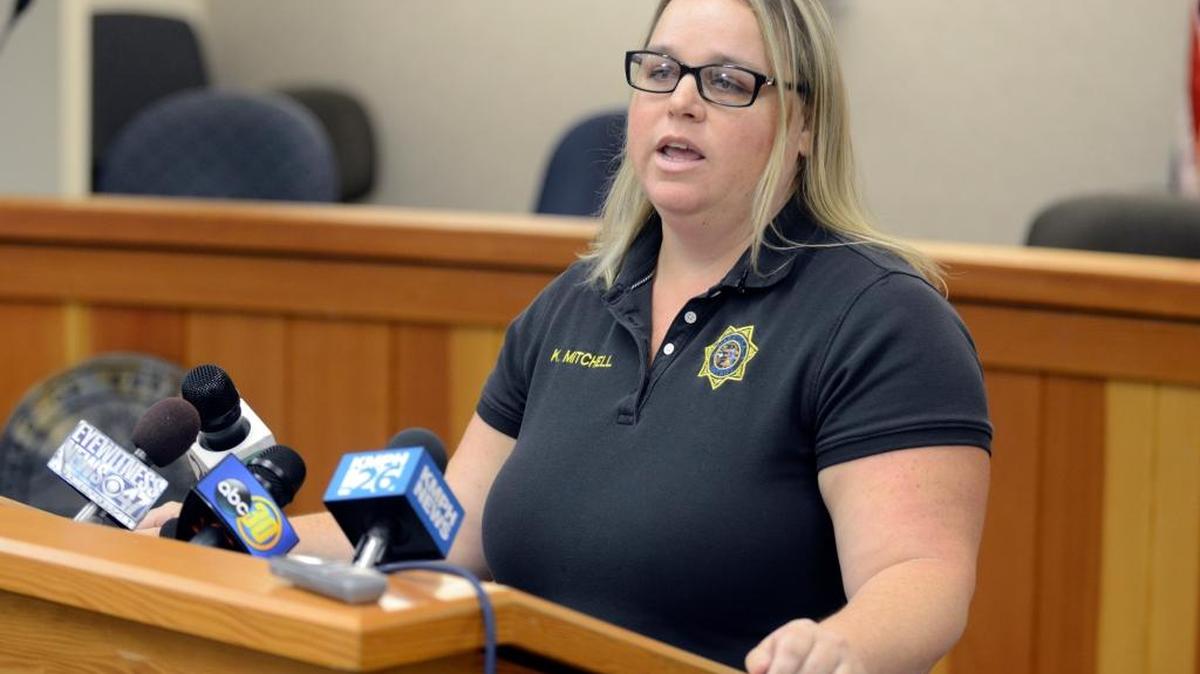 
Mariposa County sheriff’s spokeswoman Kristie Mitchell speaks at a Thursday news conference about her office’s wounded deputy. Friday, Mitchell said the deputy was still in critical condition at a Modesto hospital but is expected to recover.
