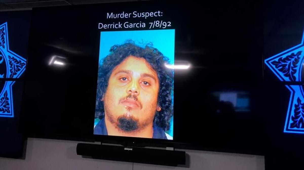 Derrick Garcia, shown in the photo that was displayed a Fresno police headquarters. He is wanted for the murder of Imer Alvarado, killed on East Barstow Avenue in May 2017.