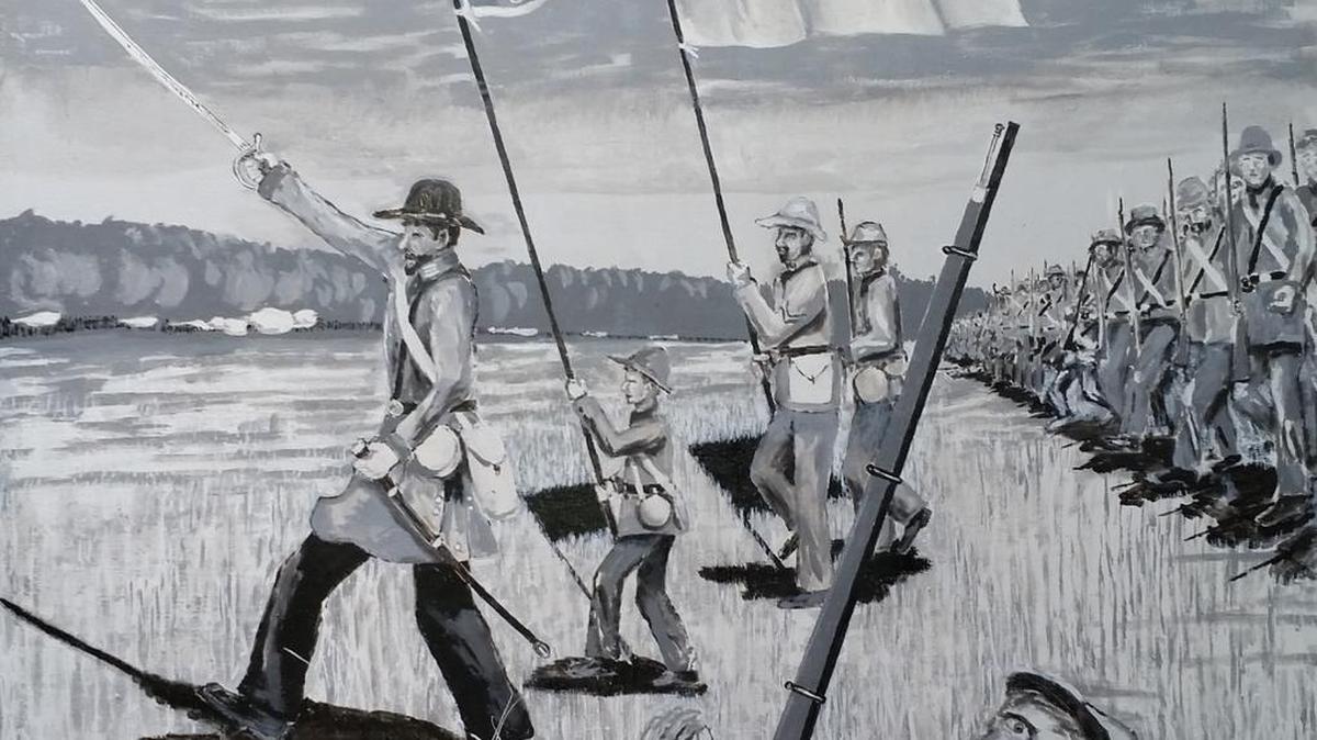 Fresno artist Timothy Desmond’s “The Attack,” which depicts Confederate soldiers fighting in the 1864 siege on Atlanta.