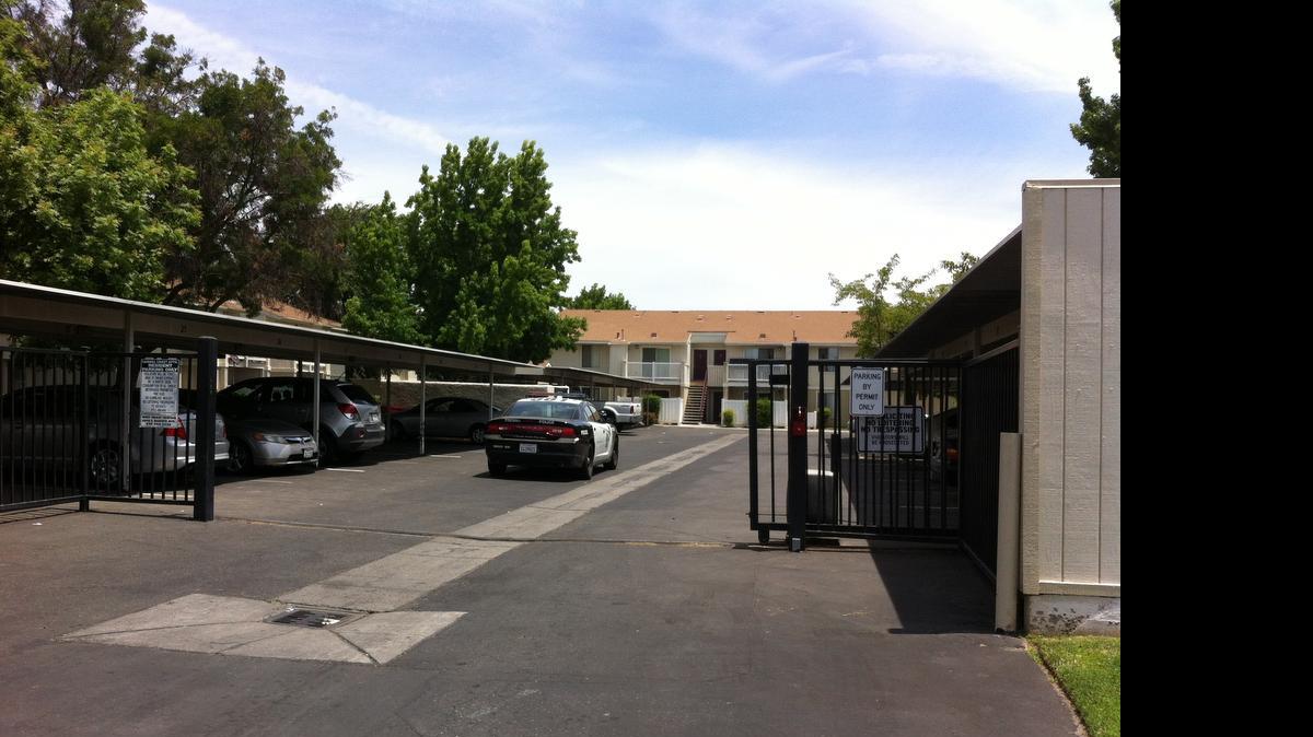 
The Carmel Crest Apartments near Hughes and Garland avenues in west-central Fresno, scene of a shootout Saturday afternoon, May 30, 2015.
