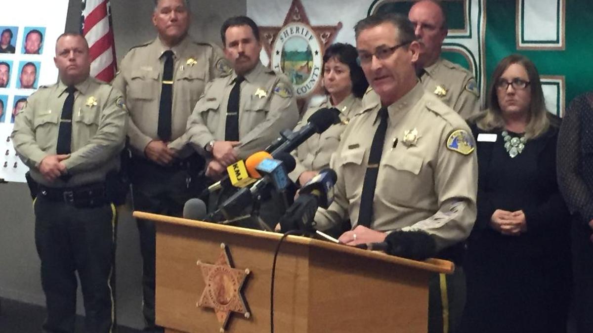 Tulare County Sheriff Mike Boudreaux speaks at a news conference about breaking up a human trafficking organization.