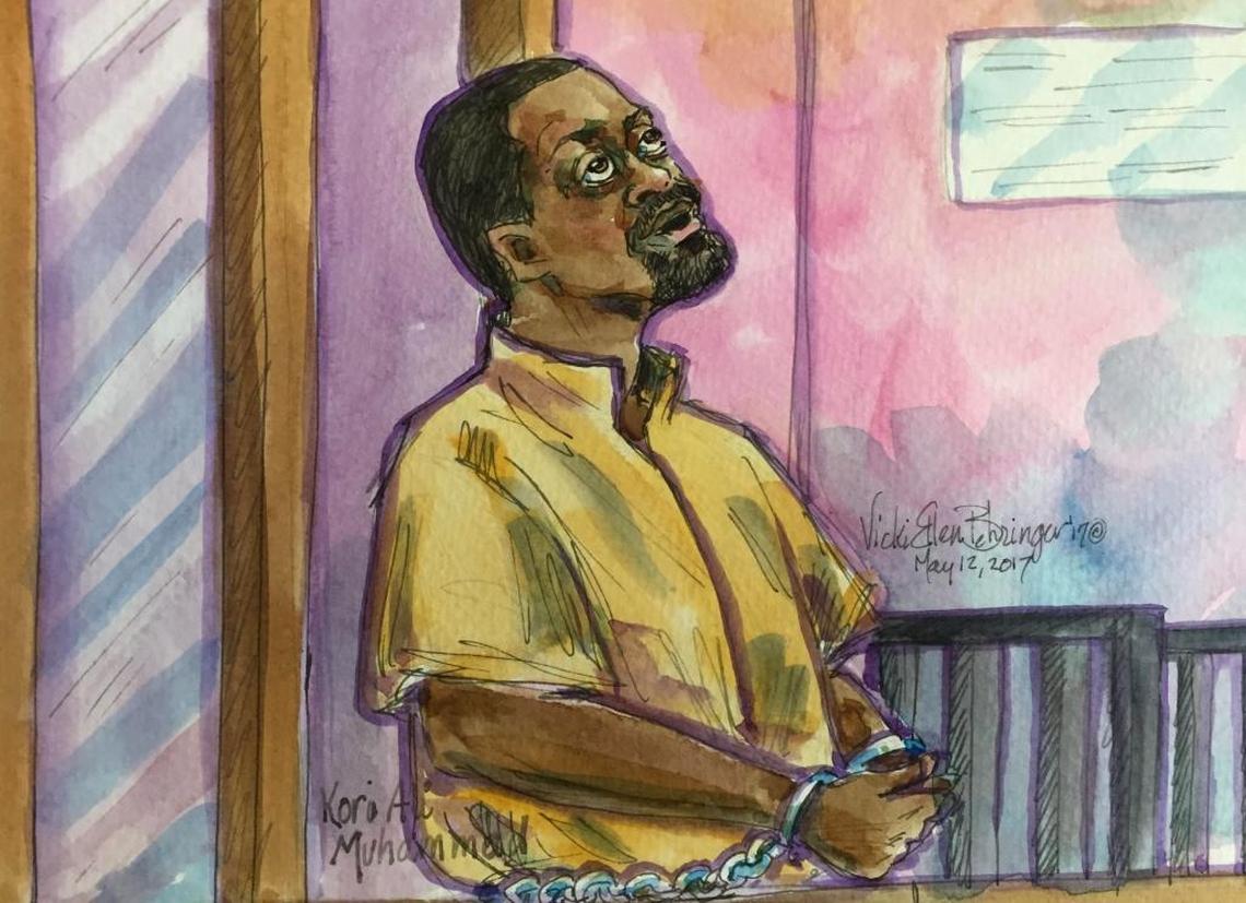 In a rendering composed in a Fresno County courtroom, Kori Ali Muhammad is seen during a brief appearance Friday, May 12, 2017.