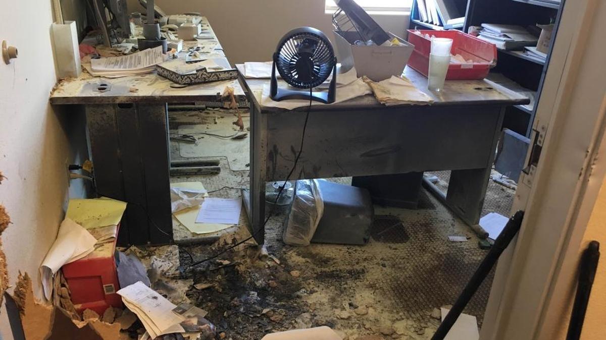 The office of CFO Maureen Goolkasian, where Rankin barricaded himself in on June 7. Rankin lit fires and broke several windows.