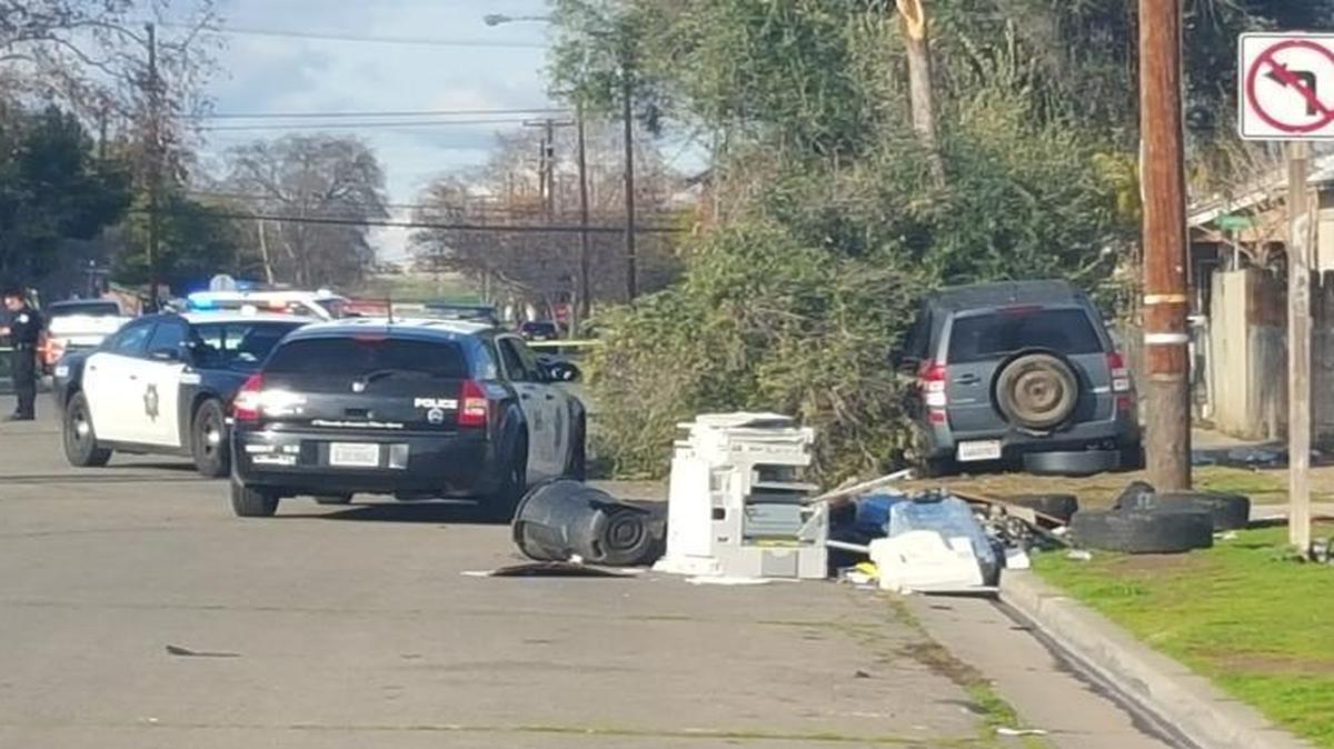 Police say the driver of an SUV struck a woman in a wheelchair and then wound up on a sidewalk near a southwest Fresno alley.