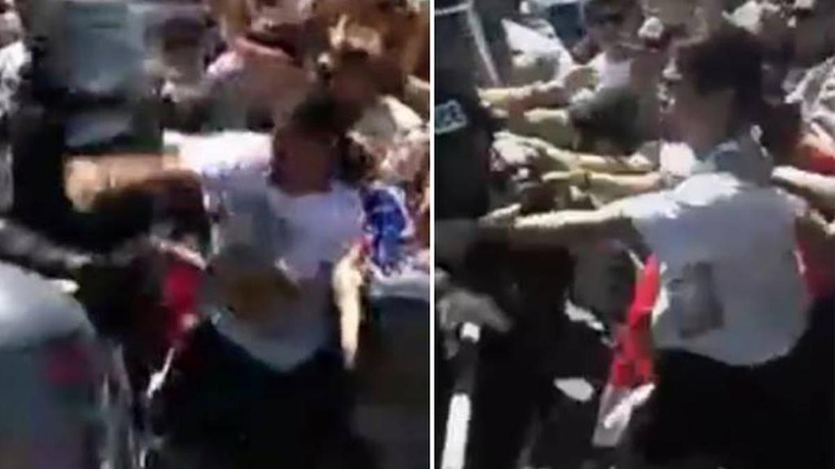 Fresno police say these images, taken during protests outside the Donald Trump rally at Selland Arena, show suspect Rigoberto Vera (in white shirt) assaulting an officer.