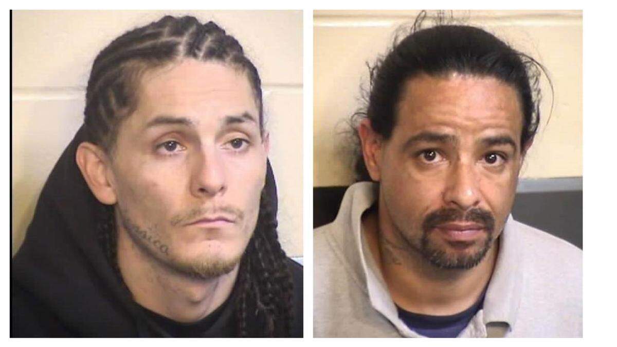 Edgar “Grinch” Perez, 31, left, was arrested Thursday morning in connection with 17 burglaries. The investigation led police to Candido “Simon” Dominguez, 42, right, who was arrested for probation violation, two counts of burglary and two counts of possession of stolen property.