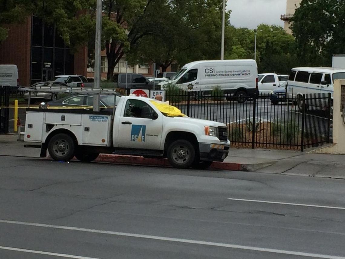 After his co-worker was shot on North Van Ness Street on April 18 in this pickup, a Pacific Gas and Electric Co. employee drove the truck to Fresno police headquarters on M Street on April 18.