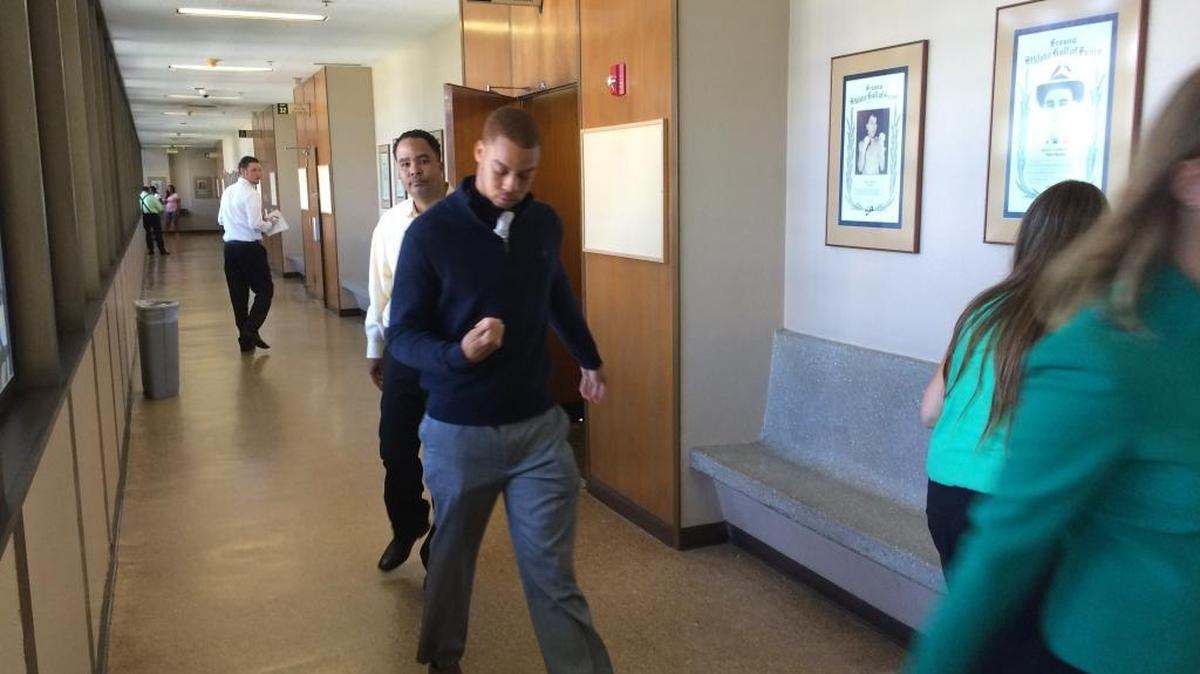Christian Malik Pryor, in blue sweater and gray pants, declined to comment Friday after pleading no contest in Fresno County Superior Court to a felony charge of making a criminal threat in connection with threat made last November on social media.