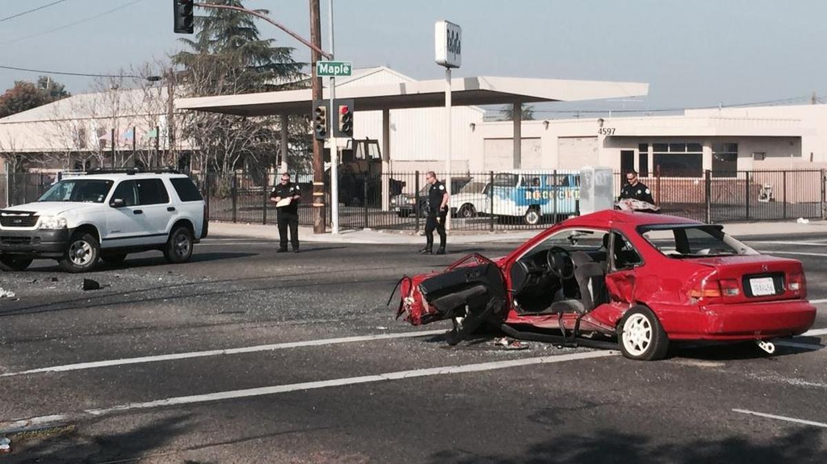 A small sedan and an SUV involved in a crash at the intersection of Olive and Maple avenues in east-central Fresno on Thursday morning, Nov. 10, 2016.