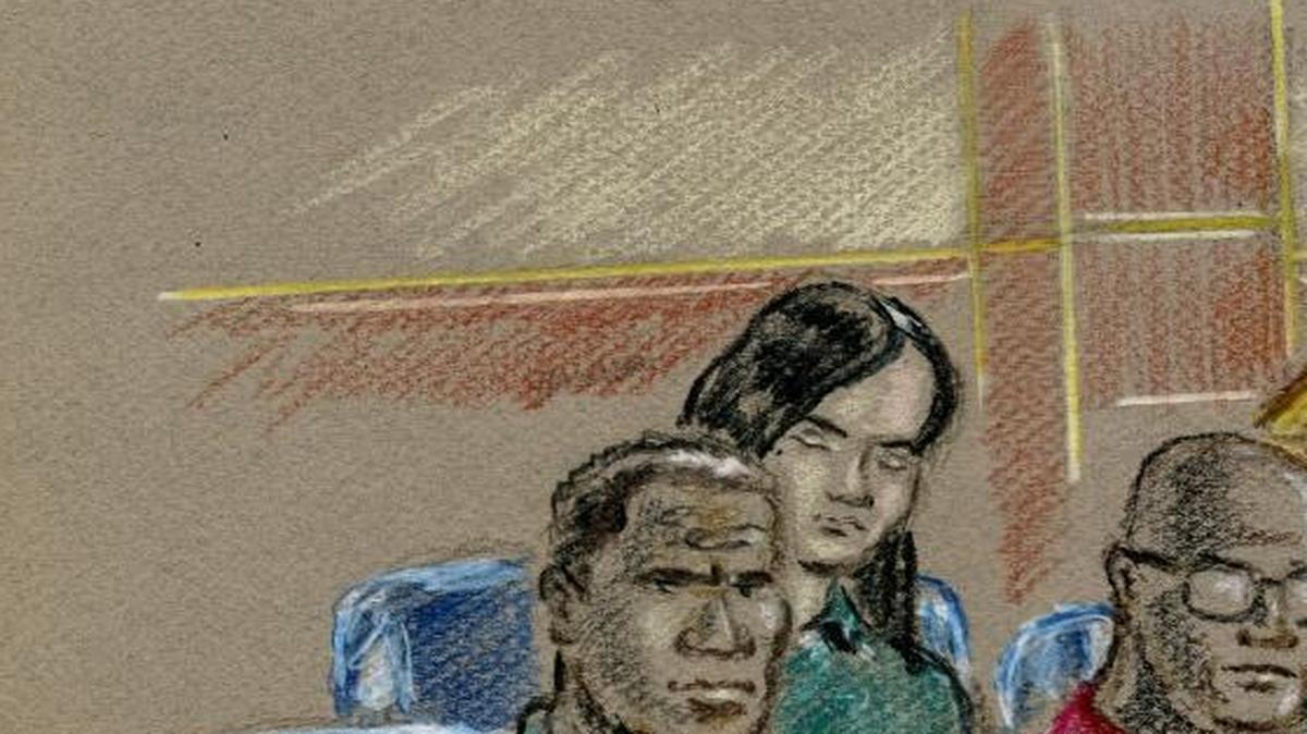 
A courtroom sketch of defendants in the Keith Foster drug-conspiracy case. In the front row, left to right, former Fresno police Deputy Chief Keith Foster, Randy Flowers, Dennis Foster, Rafael Guzman. In the back row, from left, Sarah Ybarra and Jennifer Donabedian.
