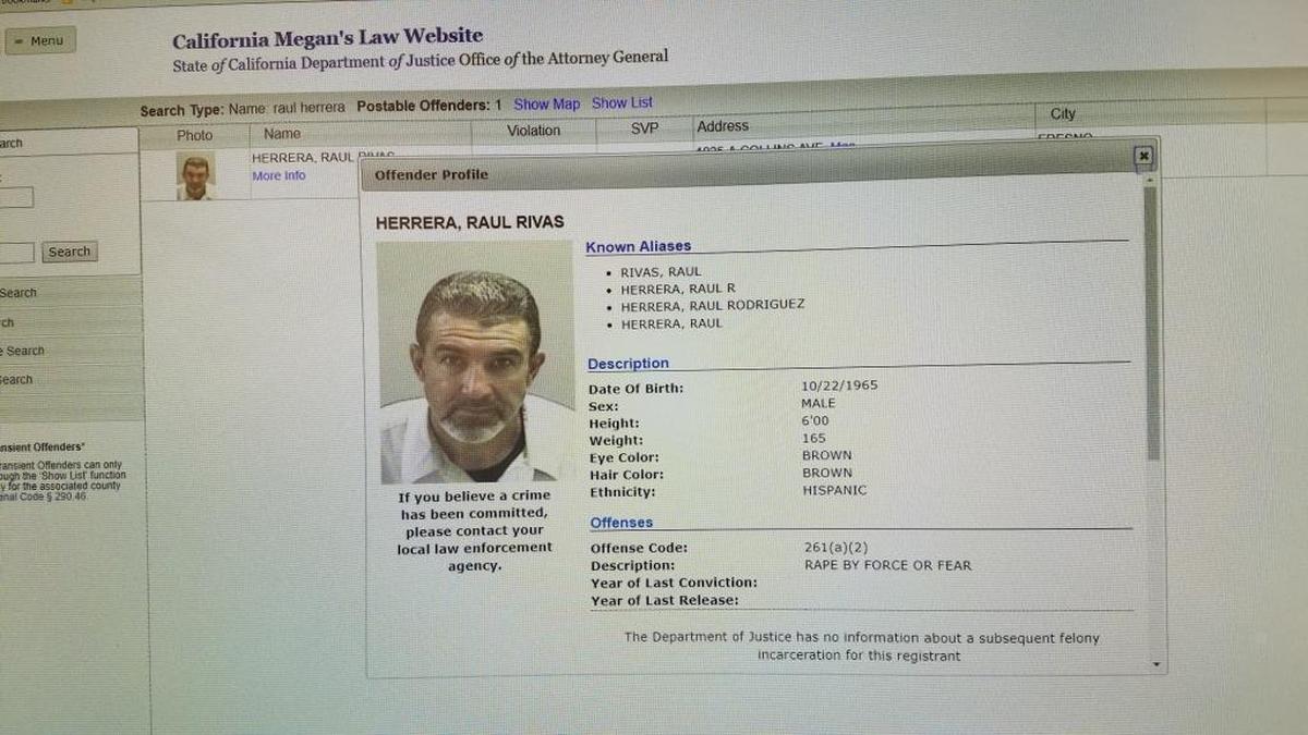 The Megan’s Law web page for Raul Herrera, who was allegedly shot to death by Manuel Garcia.