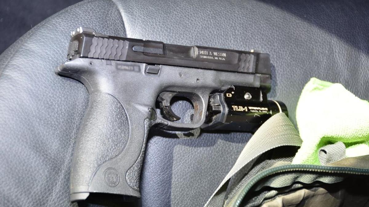 The Smith & Wesson pistol, along with three 15-round magazines, was taken in a window smash burglary outside a Fresno yoga studio Tuesday morning.