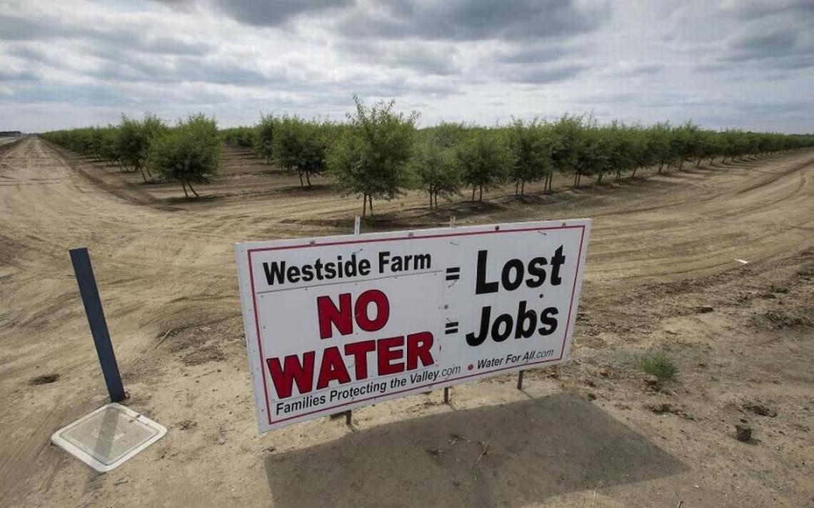 Signs like this are a common sight on the west side of San Joaquin Valley where Westlands Water District delivers water to farms.