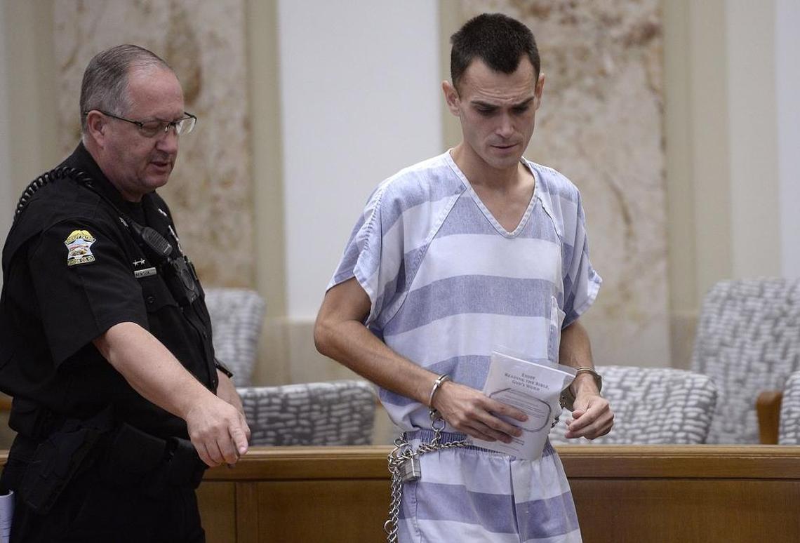 Justin Rey appears in Johnson County District Court Thursday, Nov, 2, 2017, in Olathe, Kan. Rey is charged with two counts of aggravated child endangerment and two counts of contributing to a child’s misconduct. Lenexa police found Rey and two children sleeping inside a storage unit in the 9200 block of Marshall Drive. Police found the remains of Rey’s wife Jessica Monteiro Rey, in coolers in the storage unit. Rey, who is being held on a $1 million bond, appeared without legal counsel.