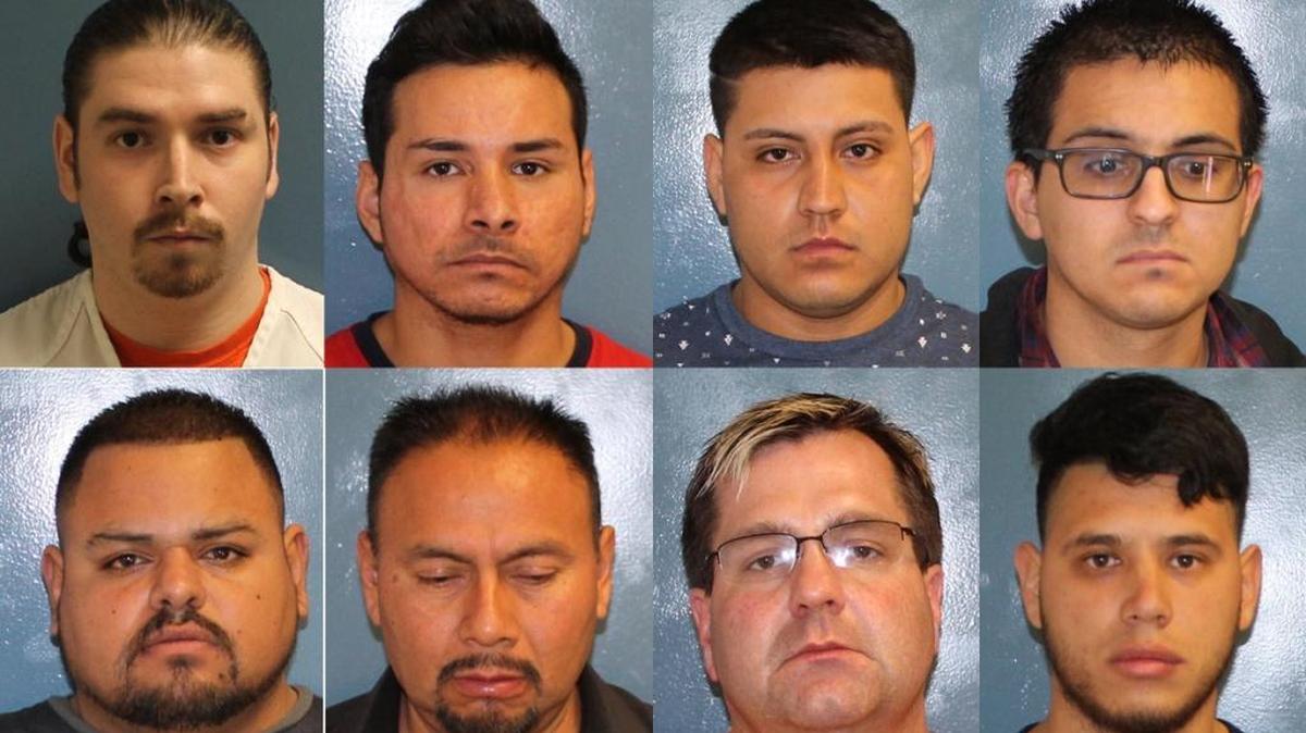 Pictured are eight of the nine people arrested in a Tulare County sexual predator sting. Top row, from left, Steven Albertson, 27; Fernando Chavez, 27; Javier Hernandez, 22; and Jonathon Hernandez, 25. Bottom row, from left, Benjamin Lopez-Herrera, 23; Raymond Lopez, 52; Brock Pearson, 39; and Hector Ornelas, 24. Not pictured: Michael Farias, 19.