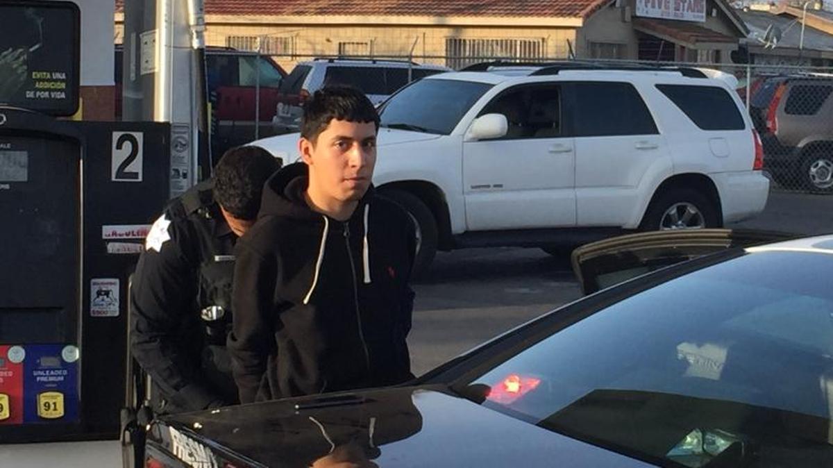 One of five suspects allegedly involved in a cell phone robbery in southeast Fresno is placed in a police car at Sixth Street and Belmont Avenue.