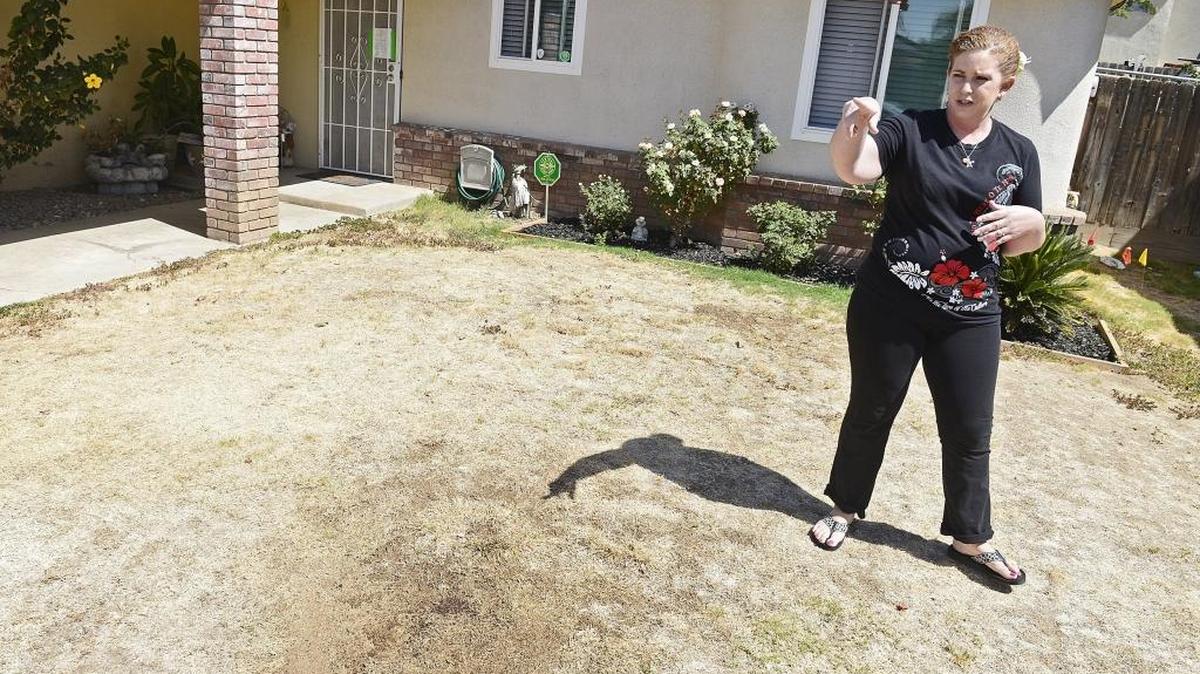 
Jennifer De Los Santos shows the area on her front lawn where Fresno police officers shot an armed carjacking suspect who crashed a Suburban near the spot after a car chase early Saturday morning, Sept. 5, 2015.
