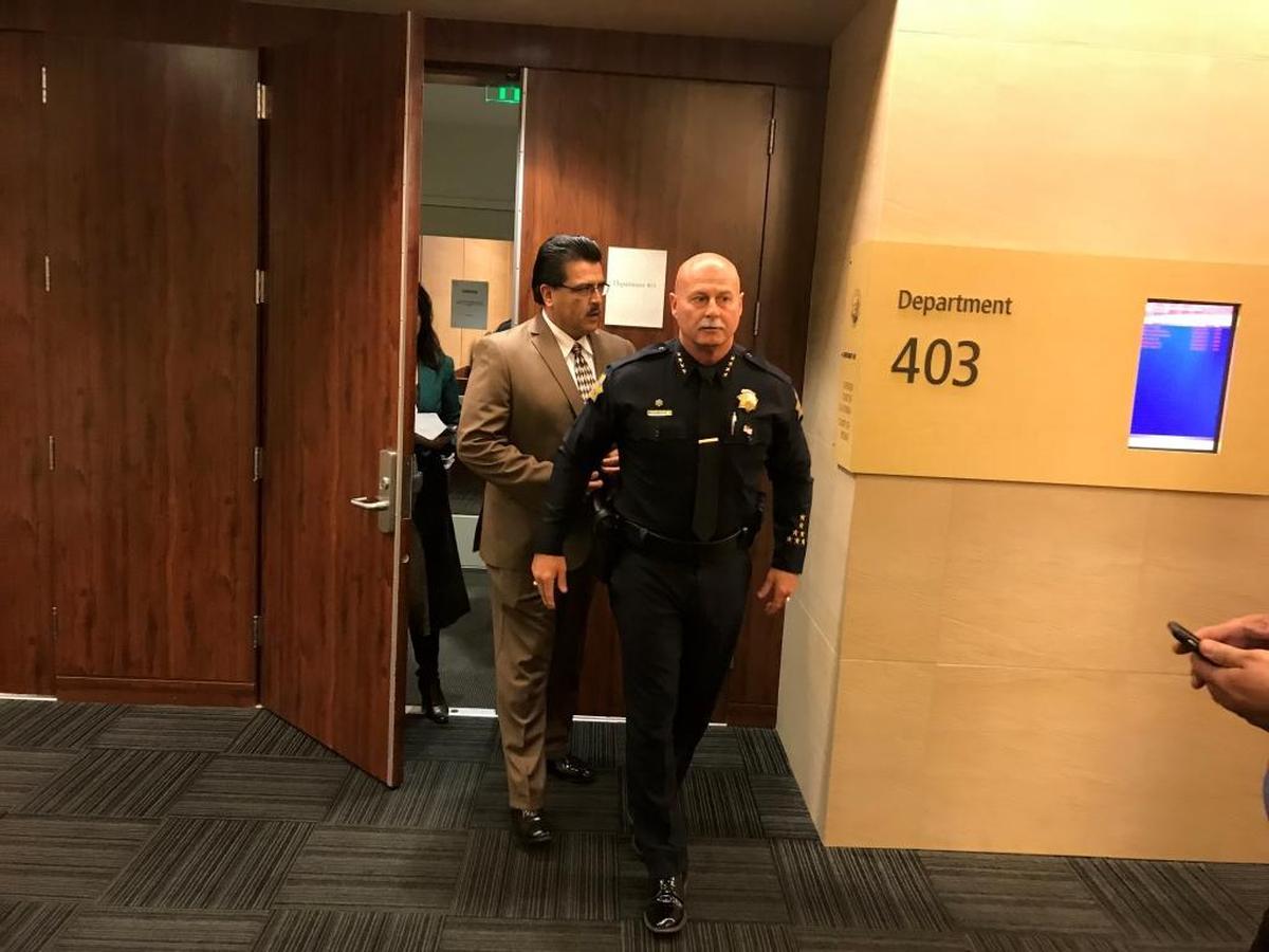 Fresno Police Chief Jerry Dyer went to court on Thursday, Nov. 16, 2017, to support officers Steven Gonzales, behind Dyer, and Geoff Tushnet, not shown, who were accused of using excessive force. On Thursday, Nov. 16, 2017, a Fresno County Superior Court jury rejected the excessive force claim, handing Fresno police another legal win in a string of courtroom victories.