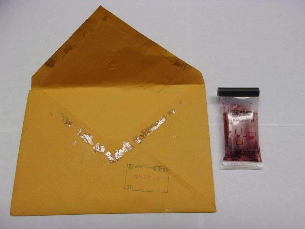 The Tulare County Sheriff’s Office says concentrated THC was pasted under the flap of this envelope and mailed to the Bob Wiley Detention Facility.
