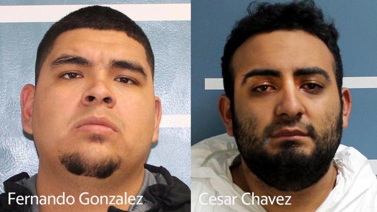 Fernando Gonzalez, left, and Cesar Chavez were booked into jail on several counts of robbery in Visalia and Tulare on Tuesday, Nov. 28, 2017.
