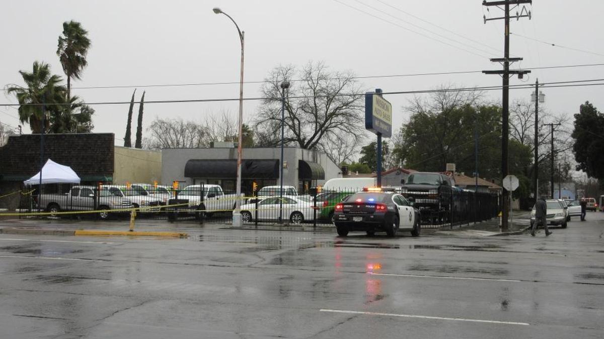 Police blocked southbound Blackstone Avenue at Pine Avenue in central Fresno on Friday, February 17, 2017 after the body of a woman, an apparent victim of foul play, was found in the area about 3 a.m.