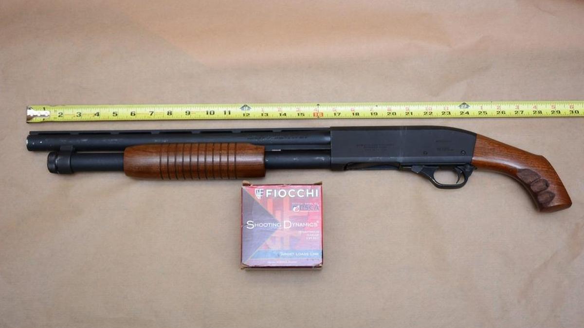 A loaded, sawed-off shotgun recovered from the car of a convicted felon Wednesday night in southeast Fresno. Any shotgun with a barrel shorter than 18 1/2 inches is prohibited by federal law.
