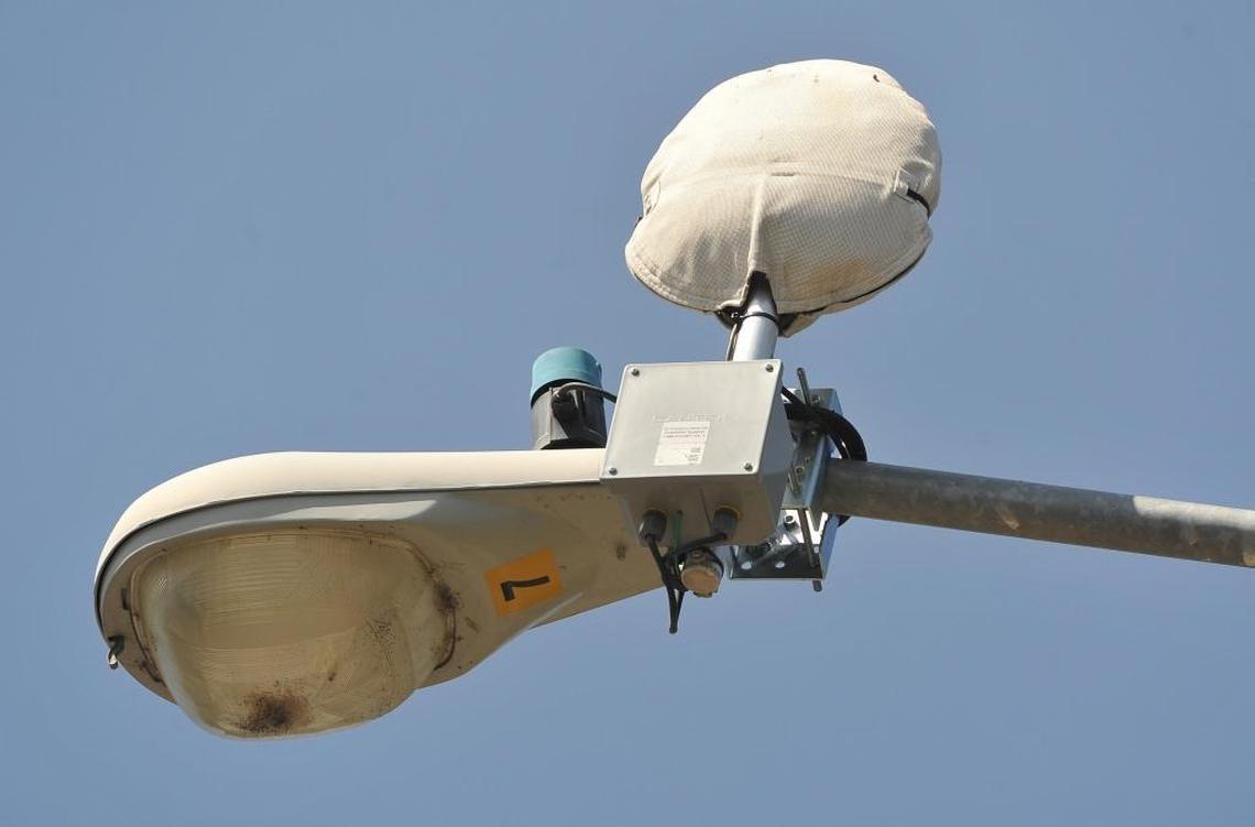 The ShotSpotter Gunshot Detection unit on a lamp post in the 900 block of East Mildreda Avenue between Van Ness and Fulton avenues picked up gunshots nearby that first alerted Fresno Police of the multiple shootings underway on April 18, 2017.