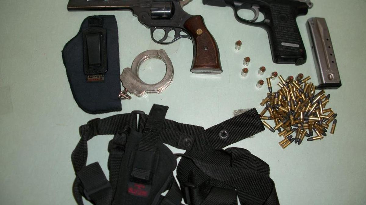 
Fresno police say they found these handguns, ammunition, handcuffs and holsters in a backpack belonging to Israel Rodriguez after he was stopped for a minor traffic violation Saturday.
