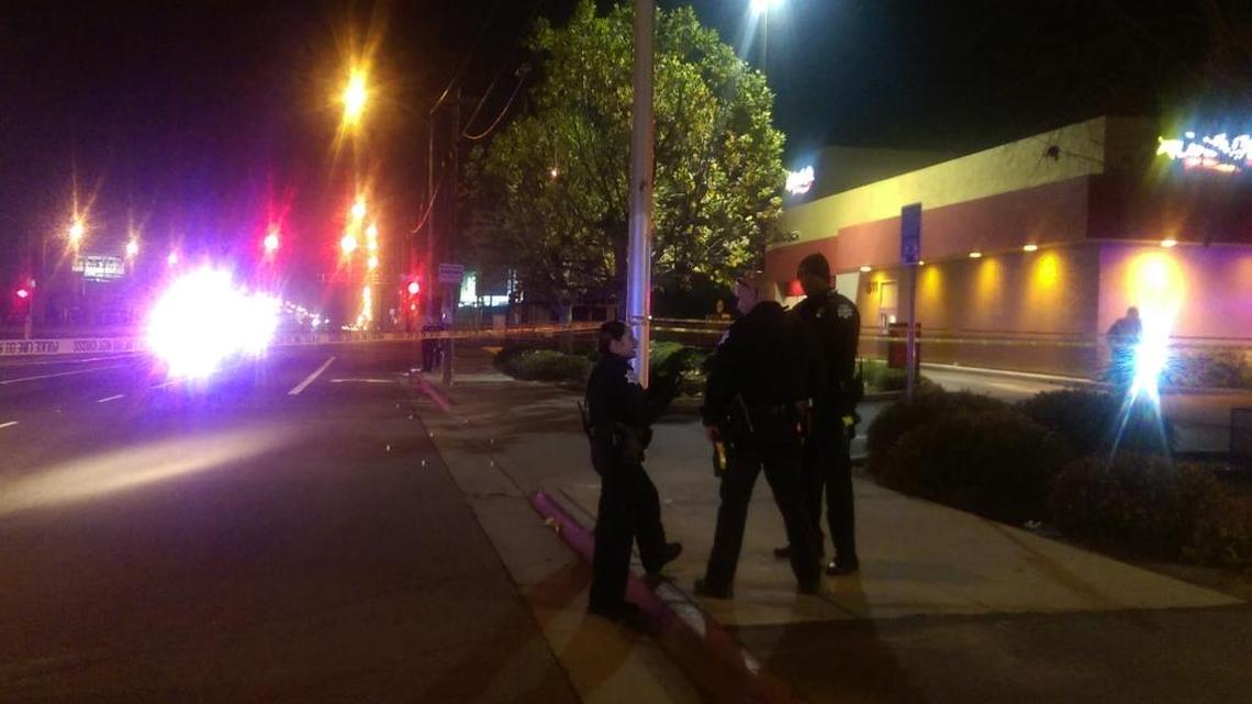 Fresno police investigate a shooting that ended when the victims drove from Blackstone Avenue to the Fresno City College campus Tuesday night, Jan. 12, 2016.