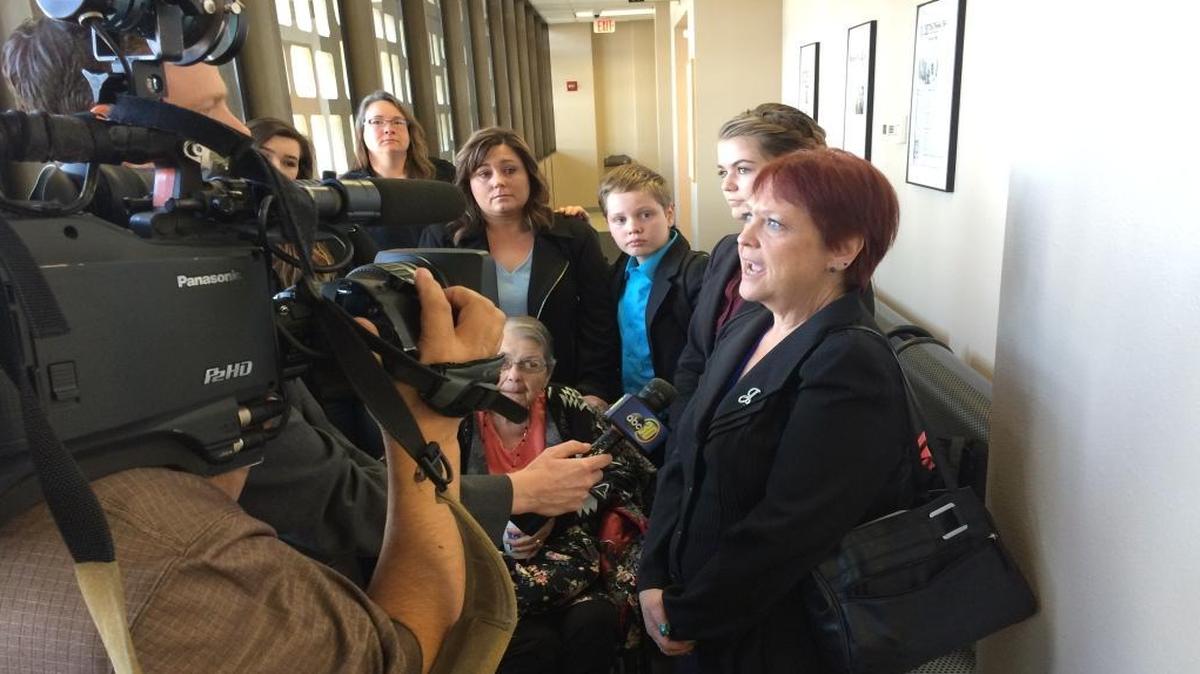 Family and friends of Jennifer Starr talk with reporters Thursday after a Superior Court jury convicted Angelito Amancio Romero of second-degree murder in connection with a drunken-driving crash on Highway 99 in Fresno that killed Starr in June 2013. Included in the photograph are Julie Lucas, right, the victim’s older sister; Laura Starr, the victim’s mother (in the wheelchair); Payton Lucas, the victim’s nephew (in blue shirt); and Elizabeth Heinrichs, the victim’s sister (behind the wheelchair).