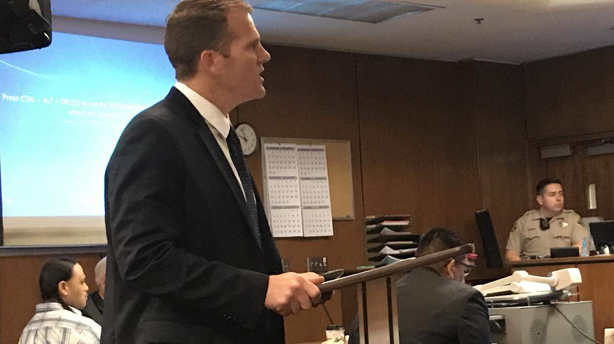 In Fresno Superior Court on Tuesday, April 17, 2018, prosecutor William Terrence explains to a jury how Tony David Leon, left, used a sawed-off shotgun to kill 18-year-old Nicole Jones and wound her friend, Noemi Ramirez, in a neighborhood north of Fresno City College.  On Tuesday, May 8, 2018, Leon was found guilty of the deadly August 2012 killing.