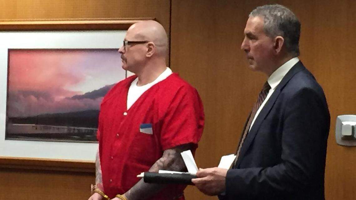 Christopher Copeland, left, stands with attorney Kendall Simsarian during Copeland’s sentencing for home invasion robbery on Friday, Feb. 8, 2019.