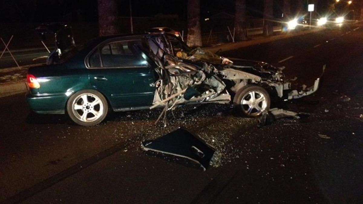 Fresno police say Adolfo Razo, 55, of Fresno was still pinned inside his car when officers showed up just after 8 p.m. Monday on Peach Avenue just north of Tulare Avenue. Police say Razo was intoxicated when he drifted out of his lane, hitting a parked tow-truck that was dropping off a car.