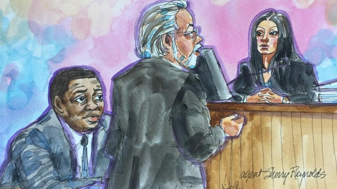 Former deputy Police Chief Keith Foster’s attorney, E. Marshall Hodgkins, grills federal agent Sherri Reynolds Thursday during Foster’s drug trafficking trial in U.S. District Court in Fresno.